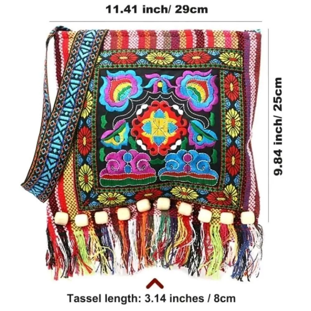 Gypsy Hobo Quilted Embroidered Color Block Tassel Messenger Crossbodty Bag Purse